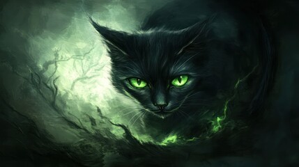 Mystical Black Cat in Enigmatic Forest
