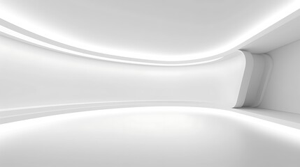 Futuristic interior with wide curved white wall and soft ambient light, abstract modern gallery negative space and minimalist architectural concept background