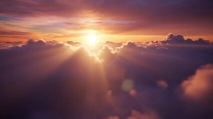 Golden sunbeams pierce through soft clouds at sunset, painting the sky with warm, vibrant colors.