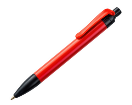 Red ballpoint pen plastic pen office supply writing instrument stationery school tool black tip red clip isolated on transparency background simple design