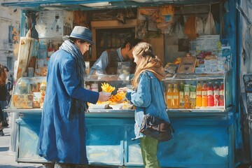 A man in a blue coat buys flowers from a street vendor.