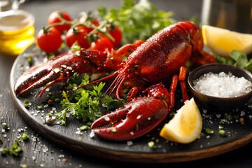 Red cooked lobster on a dark plate, surrounded by parsley, lemon slices, and cherry tomatoes.