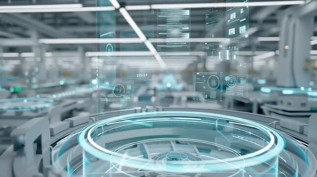 a close up of a holographic screen floating in the air in a futuristic smart factory that has an organic feel to it, white and chrome finishes in the background, ergonomic design, ambient diffused 