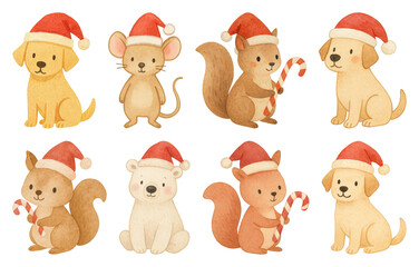 PNG Cute animals wearing Santa hats, element set on transparent background