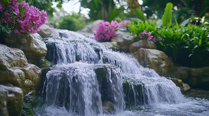 A majestic waterfall cascades down moss-covered rocks, surrounded by vibrant purple bougainvillea and lush greenery in the background.