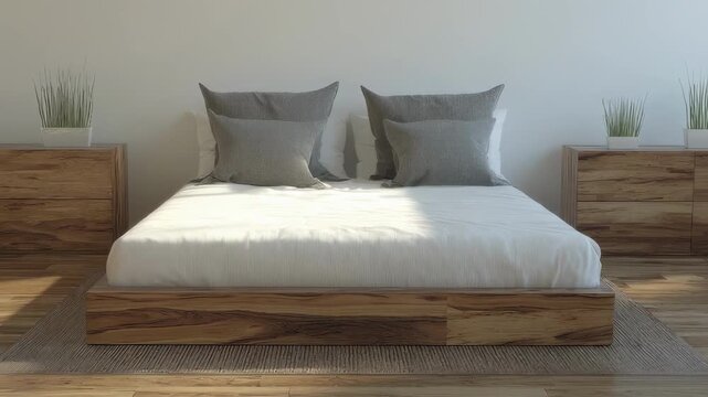 Cozy minimalist space showcasing a lowprofile bed frame sharply in focus complemented by modern nightstands and streamlined dressers gradually fading into the background.