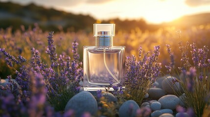 A minimalist perfume bottle with a transparent design and lavender details, placed on a natural background. 
