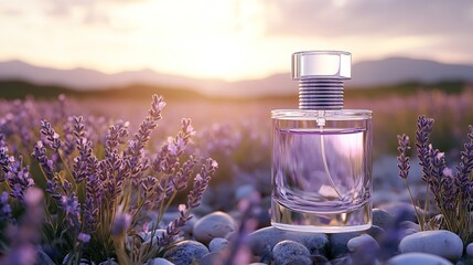 A minimalist perfume bottle with a transparent design and lavender details, placed on a natural background. 
