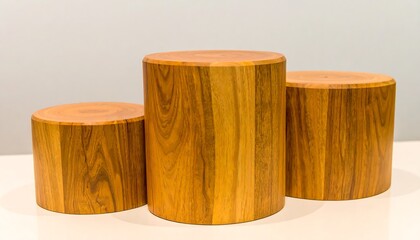 Three cylindrical wooden display stands