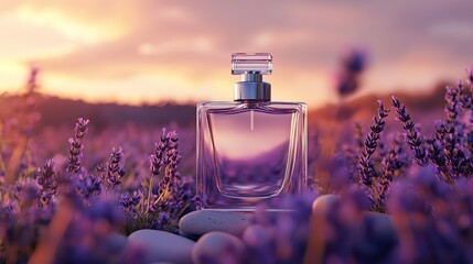 A minimalist perfume bottle with a transparent design and lavender details, placed on a natural background. 