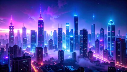 Fototapeta premium Neon Urban Skyline with Purple Haze