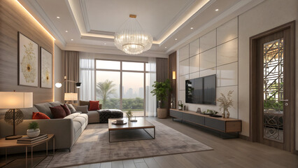 Fototapeta premium Contemporary living room with sectional sofa large windows and city view full hd 4k stock image download