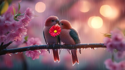 A pair of lovebirds perched on a wet cherry branch, holding a red daisy together