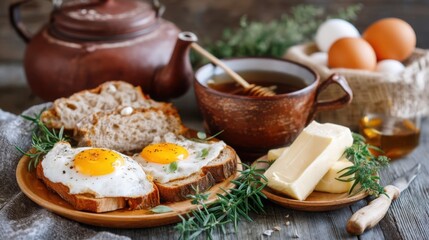 rustic kitchen morning with fried eggs fresh bread