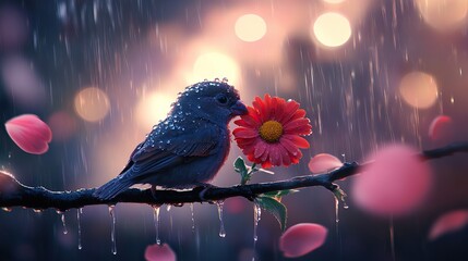 A pair of lovebirds perched on a wet cherry branch, holding a red daisy together,