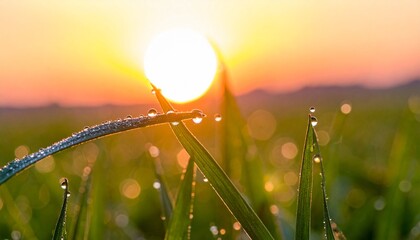 Stunning sunrise bathes green grass in golden light, dew drops glistening like diamonds, evoking peace and renewal, perfect for nature blogs and inspirational content