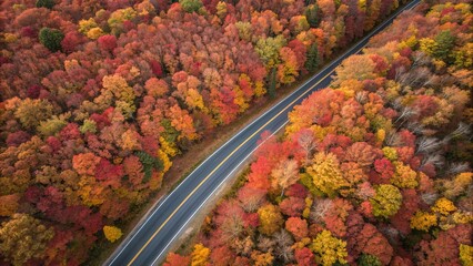 Fototapeta premium Aerial view of a road cutting through vibrant autumn foliage in peak fall season