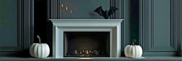 Elegant dark gray living room with a classic white fireplace and decorative halloween pumpkins