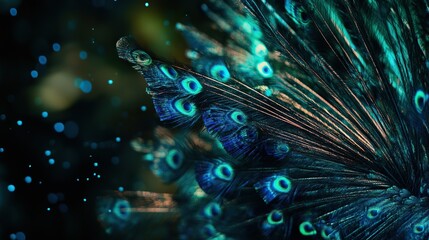 A peacock displaying its vibrant plumage, with feathers of blue and green that have vertical lines and dots in various shades, 