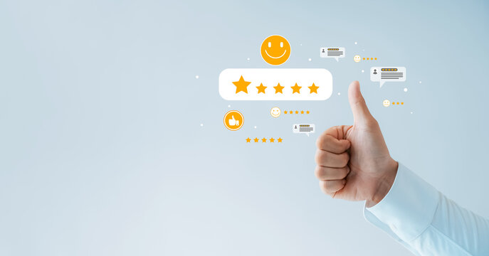 excellent customer feedback and five-star rating with thumbs up gesture, representing positive user experience, service satisfaction, and online review and reputation management in digital platforms. - Powered by Adobe