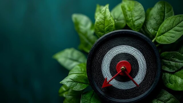 A decorative target clock sits amidst vibrant green leaves, highlighting the concept of time management and goal-oriented progress.