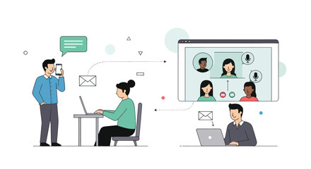 Diverse people engaged in various communication methods, including phone calls, emails, and video conferencing, in a modern work setting.