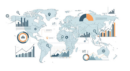 Global business analytics visualized on a world map, showing growth charts and data points across continents.