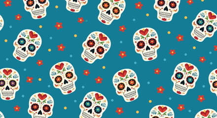 A colorful and festive pattern of day of the dead sugar skulls and flowers.