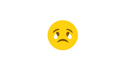 A yellow emoji face with downturned mouth and eyes with tears falling against a white background