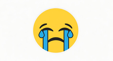 A yellow circular emoji with black curved eyebrows and mouth and blue tears on a white background