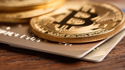 Bitcoin and credit card interaction digital finance image close-up modern cryptocurrency