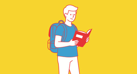 Smiling student reads book, backpack on, yellow background.