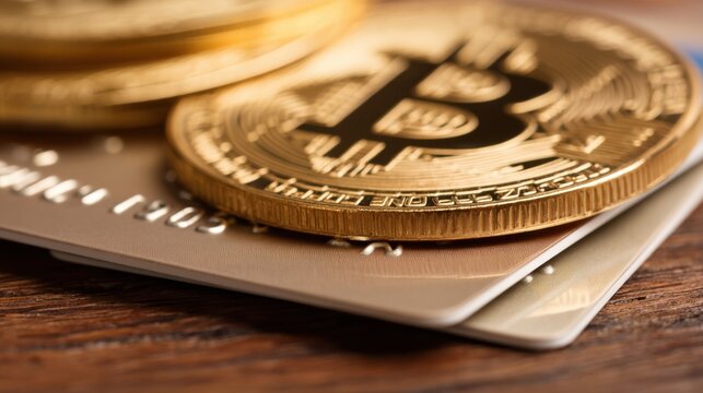Bitcoin and credit card interaction digital finance image close-up modern cryptocurrency