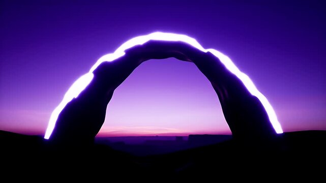 Glowing Arch Silhouette against Evening Sky with Purple Hue and Cityscape Backdrop