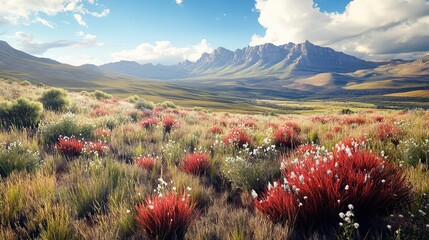 a photorealistic field of fynbos, bright sunny day, mountains and hills in the distance, vibrant colors