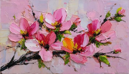 A vibrant and textured painting of blossoming flowers in shades of pink and red, set against a soft pastel background.