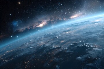 A starry night sky over Earth with clouds and city lights.