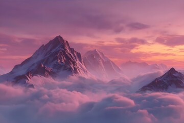 Majestic mountain peaks emerging from a sea of clouds at sunrise.