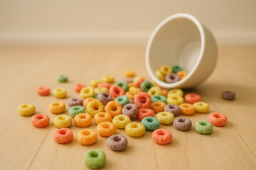 Colorful crunchy breakfast cereal rings spill from cup onto wooden floor, scattered multicolored loops in morning snack mess, playful scene with sweet food treat