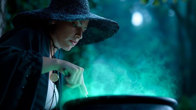 Witch stirring pot filled with glowing potion in dark forest. Ethereal atmosphere with soft green light. Concept of fantasy, magic, storytelling