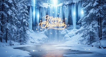 Winter wonderland scene with frozen waterfall and snow-covered trees