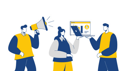 Team collaboration on marketing strategy, using laptop, megaphone, and website analytics.