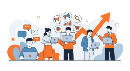 A group of colleagues works on laptops, analyzing data for a successful digital marketing campaign and business growth.