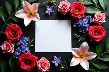 Floral frame with roses lilies and leaves on dark background for wedding invitation card design 100