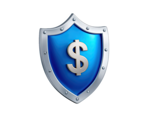Blue shield with metallic border and dollar sign symbol, representing financial security, online protection, and safe investment, with modern digital style and confident mood