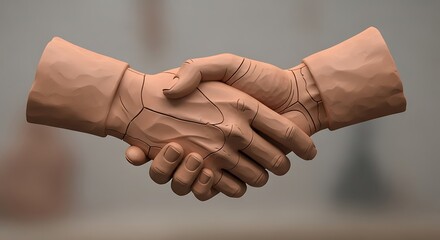 Two hands, in a light beige tone, shake hands in a 3D rendering, creating a symbolic representation of partnership.