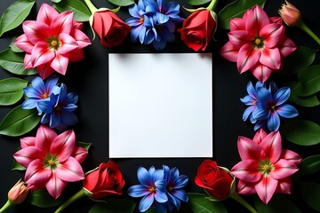 Floral frame with roses and lilies on black background for invitation or greeting card design layout