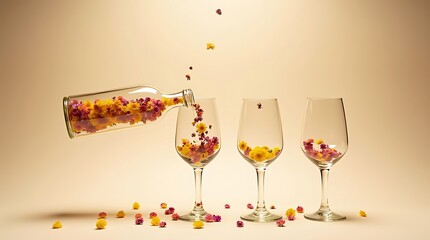 Pouring flowers into wine glasses aesthetic floral arrangement creative spring summer concept art design