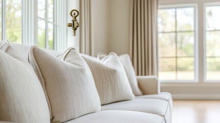 Elegant Neutral Living Room Sofa with Cushions and Soft Lighting