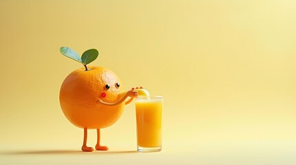 Orange juice cartoon character squeezing fresh juice healthy vitamin c beverage on yellow background concept art
